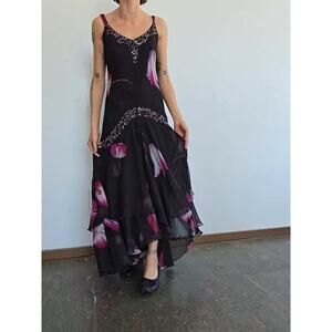 Vintage Whimsigoth Y2K Midnight Velvet IRIS SEQUINED FLUTTER FAIRY DRESS Large